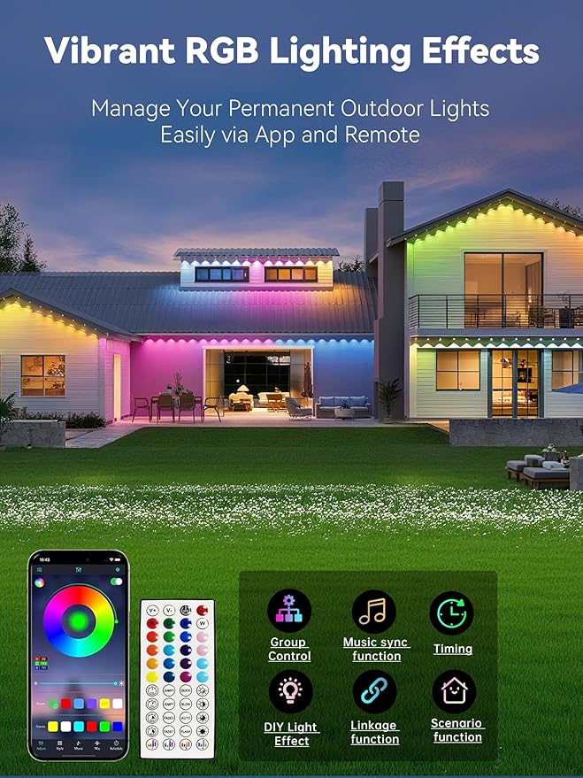 100FT Permanent Outdoor Lights, Smart RGB Eave Lighting for House, IP67 Waterproof LED Outside House Lights with App/Remote Control, for Christmas, Holiday Decor, Party, Daily