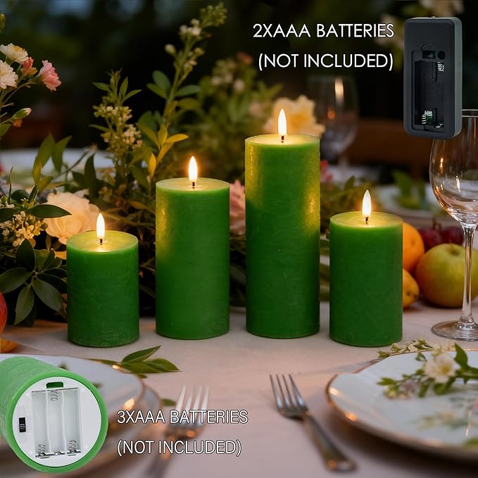 Green Flameless Candles, 4 Pack Battery Operated Candles for St. Patrick’s Day, Real Wax LED Fake Candles for Spring Decor Party Centerpiece Green