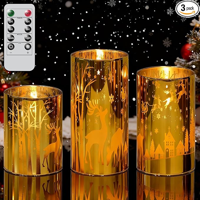 Wondise Christmas Gold Reindeer LED Flameless Candles with Remote Timer, Electroplate Glass Battery Operated Real Wax Flickering 3D Wick Pillar Candles for Christmas Holiday Home Decoration