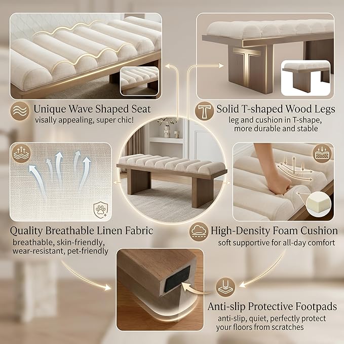 Modern Bedroom Bench, 47 Inch Upholstered End of Bed Bench Padded Entryway Bench with Cylindrical Cushion/Natural Wood Legs, Wooden Ottoman Bench for Living Room, Hallway, Linen Beige