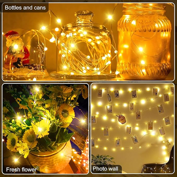 Aogist 100 Pack Fairy Lights 3 Modes 7ft 20 LED Waterproof,Battery Operated Silver Wire Firefly Starry Moon Mini String Lights for Mason Jars Christmas DIY Crafts Wedding Party Bedroom,Yellow