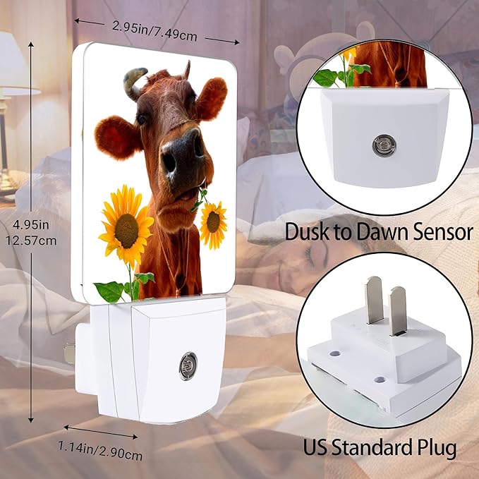 Fun Cow Night Light, Sunflower Plug into Wall with Dusk to Dawn Light Sensors,Warm Nightlights for Bedroom, Bathroom, Hallway, Kitchen, Gifts Ideal for Boys Girls Women Men