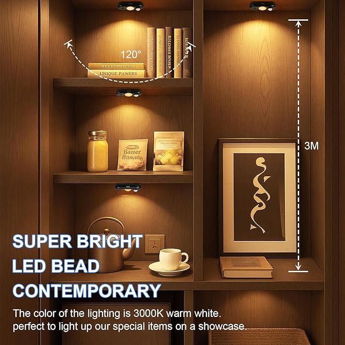 LED Motion Sensor Light Indoor, Magnetic Under Cabinet Lighting Warm White, Black Dimmable Rechargeable Puck Lights for Closet, Kitchen, Stairs(4 Pack)