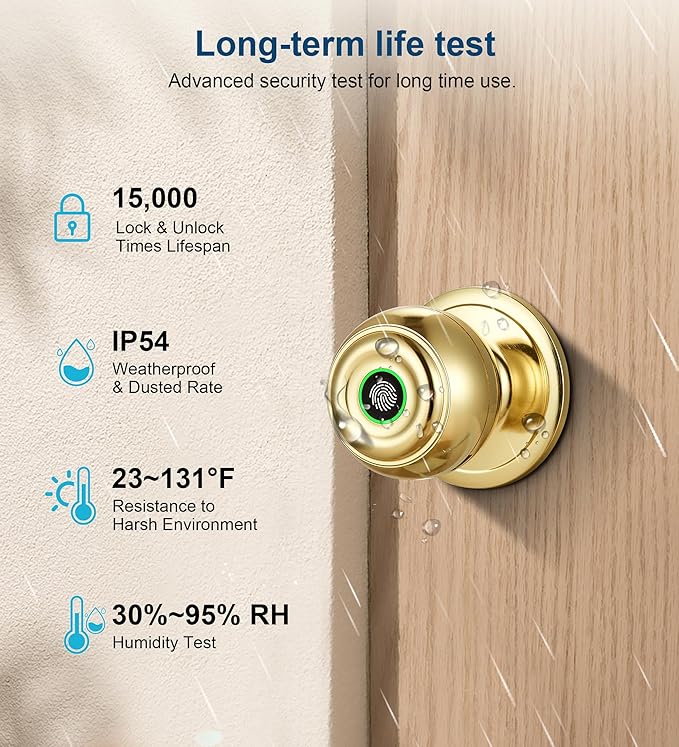 Fingerprint Door Lock, Smart Fingerprint Door Knob with Lock, Biometric Door knob with App Control & Key, Keyless Entry Door Locks for Bedrooms, Front Door, Home, Apartment Office-Polished Brass