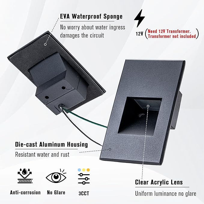 Indoor Stair Lights Outdoor LED Step Light 12V Low Voltage Step Lights for Stairs, 4W 3000K Warm White Deck Stairway Lighting, IP66 Waterproof Black Deck Staircase Light, Vertical, 6-Pack