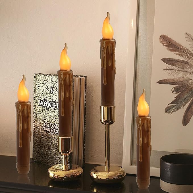 Brown Flameless Short Taper Candles, Real Wax Hand Dipped LED Battery Operated with Remote, Flickering Flame Lights for Festival Party Home Décor, 6.7 Inch Primitive Flameless Candles, 4PCS
