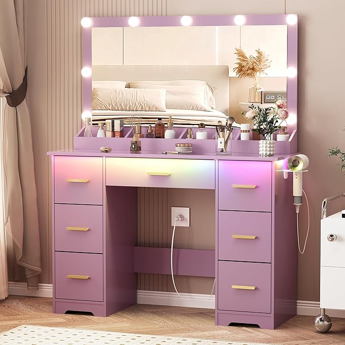 44" Vanity Desk with Mirror and Lights, Glass Top Makeup Vanity with RGB Ambient Lights & 7 Drawers, Large Dressing Table with Power Outlet for Bedroom, Purple