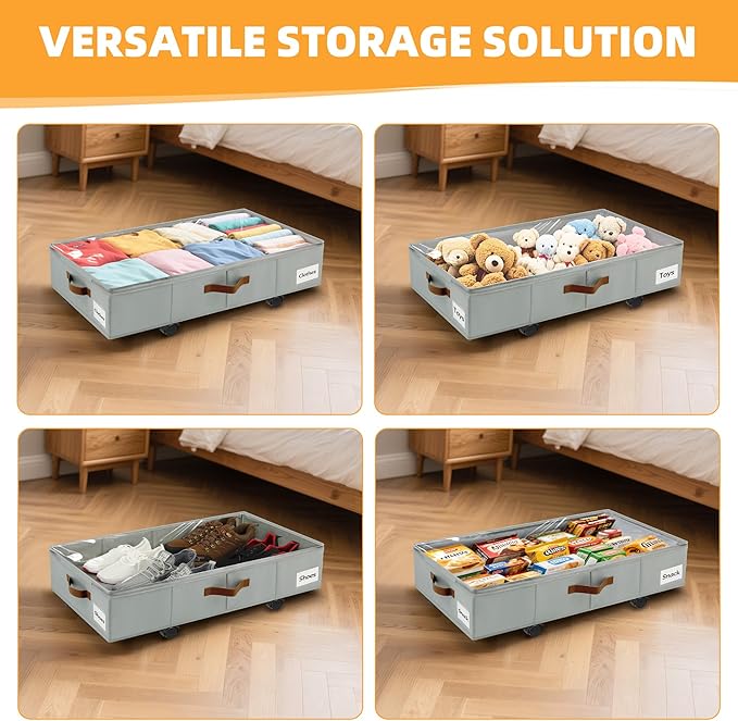 2 Pack Under Bed Storage with Wheels – 30.5×17×6.5 Inch, Underbed Storage with Sturdy Sidewalls/Bottom, Clear Cover, Label and PU Handle, Rolling Under Bed Drawers for Clothes, Shoes, Toys, Blankets