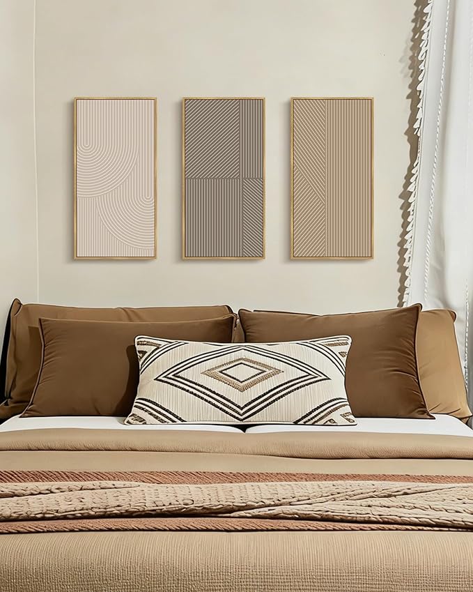 KUVIOKE Boho Minimalist Abstract Framed Wall Art Modern Line Wall Decor Geometric Artwork Kitchen Dining Room 8x16in3pcs Natural Framed
