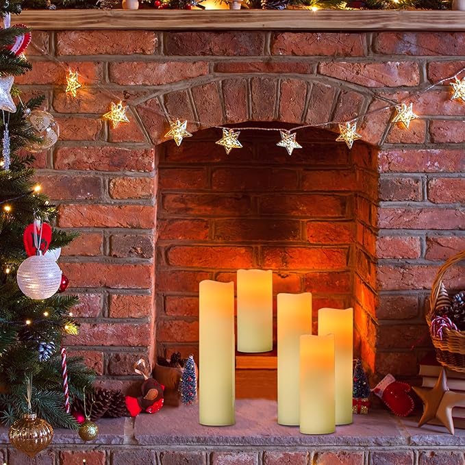 Flameless Wax Pillar Candle: Pack of 5 Battery Operated LED Candles H5 6" 7" 8" 9" D2.2 Electric Fake Flickering Candles with Timer Remote for Home Christmas Halloween Deco Gift(Modern Style)