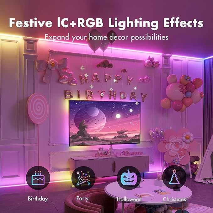 Led Lights for Bedroom 130FT Smart IC+RGB, Music Sync Color Changing Strip Lights, 24Key Remote+App Control Light Strip for BedHead,Underbed,Ceiling,Background Wall(2Rolls of 65.6FT)