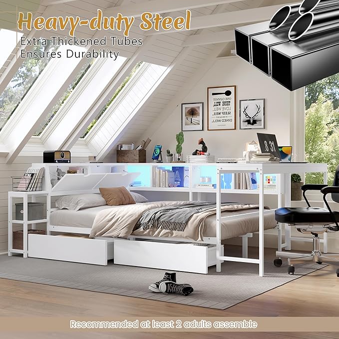 Twin Corner Bed Frame with Desk, LED Lights & Charging Ports, L-Shaped Daybed with Storage Drawers, Bookcase & Open Shelves, Modern Twin Size Daybed for Kids, Teens & Compact Bedrooms,White