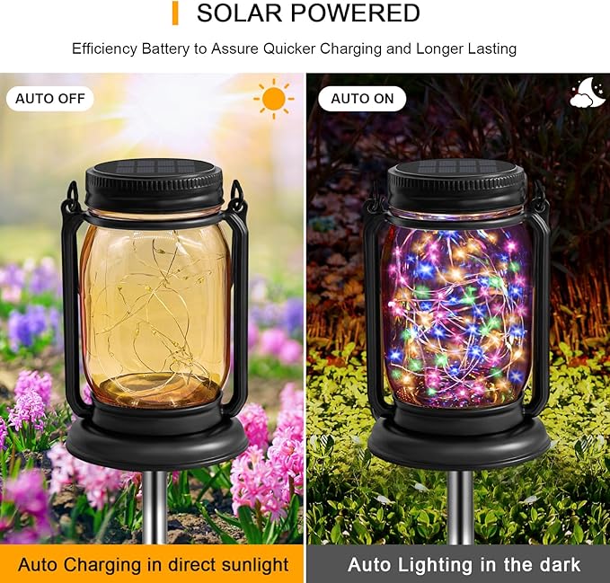 4 Pack Hanging Solar Lantern Lights, 30LED Vintage Glass Mason Jar Solar Fairy Lights Outdoor Decorative Waterproof Table Light with Stakes for Patio Yard Lawn Tree