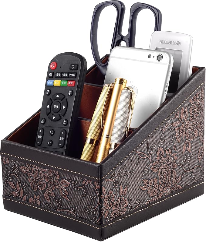 Fashionable PU leather TV remote control Holder with 3 compartments, Desk Caddy Organizer for DVD Cable Plus notepad and pen Chapstick Fingernail clippers Letter opener All in one Retro(2 pieces)