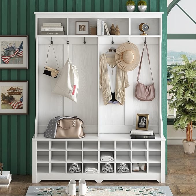 Wide Hallway Coat Rack Hall Tree with Shoe Storage Rack, 24 Cubes 6 Hooks and 3 Top Shelves, Large Storage Bench for Entrance, Enterway (White)
