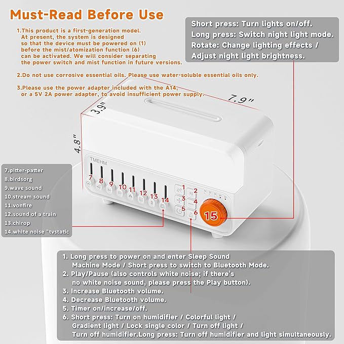 4-in-1 Sleep Sound Machine with White Noise & 8 Nature Sounds, Bluetooth Speaker, Night Light & Aroma Diffuser with Timer for Baby, Kids and Adults (White)