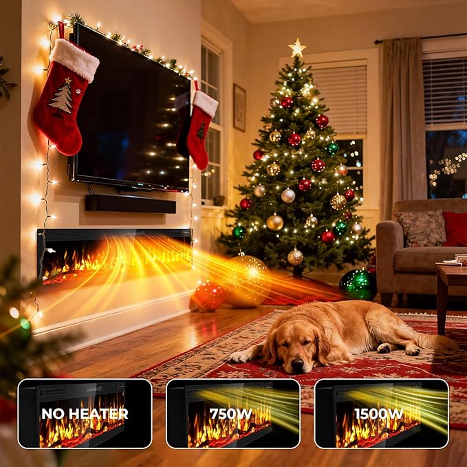 68" Smart WiFi Electric Fireplace with Sound Crackling Narrow Bezel Recessed and Wall Mounted Fireplace Heater with App, Remote Control, Log Flame Option, 750/1500W