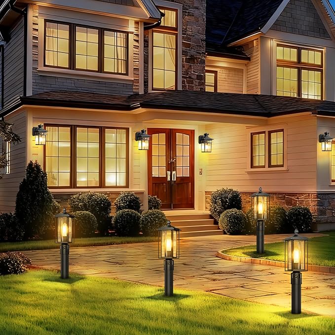 17" Motion Sensor Outdoor Post Lights, Dusk to Dawn Lamp Post Light Fixture with Tempered Glass, Waterproof Aluminum Pole Lights, Outside Lamp Posts Outdoor Lighting for Garden Yard Pathway (2-Pack)
