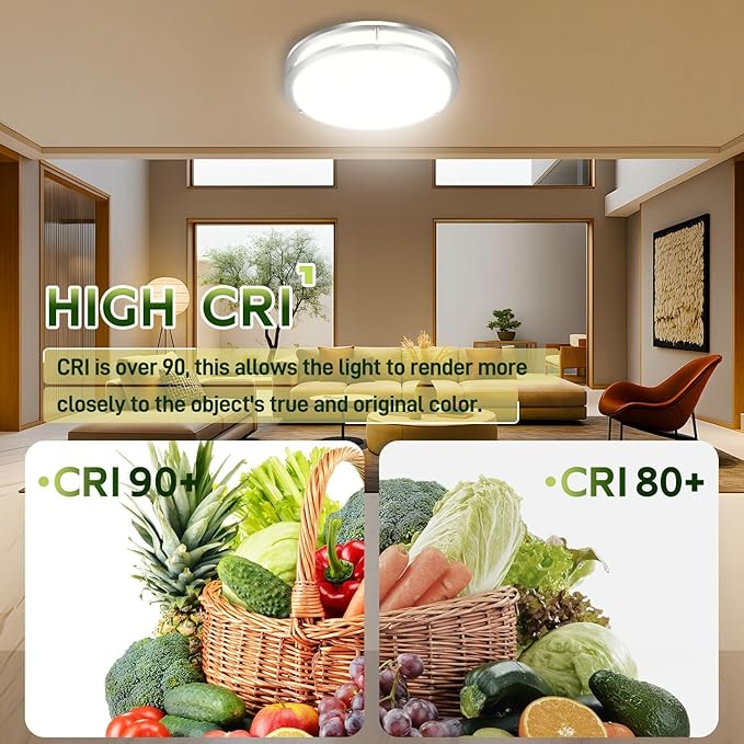 hykolity 16 inch Dimmable LED Flush Mount Ceiling Light Fixture, Nickel, 36W, 2200LM, 2.7/3/3.5/4K/5K Adjustbale, 120°Light Angle, CRI90, Ceiling Lamp for Bedroom, Kitchen, Office, ETL Listed 2Pack
