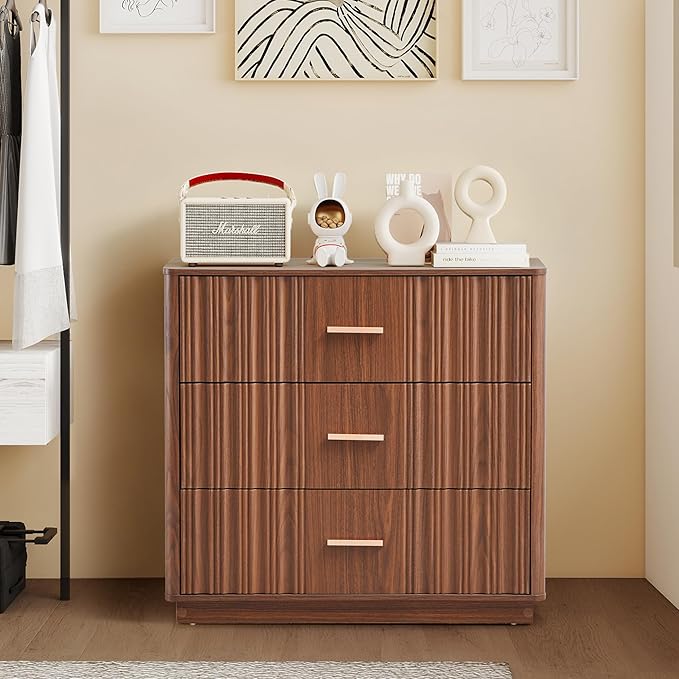 Fluted Dresser for Bedroom with 3 Drawers, 31.5" Wide Modern Chest of Drawers with Metal Handle, Large Storage Dresser, Wood Closet Clothes Storage Organizer for Nursery Living Room, Hallway, Walnut