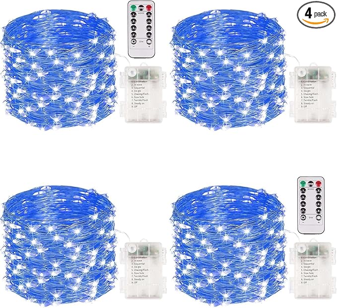 4 Pack 100 LED Fairy Lights Battery Operated with Remote, 33FT Waterproof Twinkle Lights with Timer & 8 Modes, Fairy String Lights Outdoor Indoor for Bedroom Classroom DIY Christmas Decor (Blue)