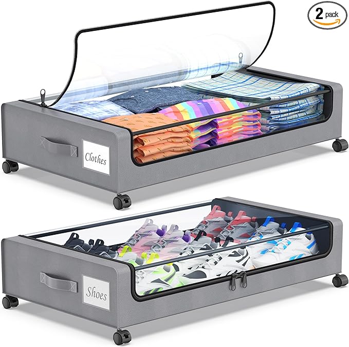 Beborxue Under Bed Storage with Wheels, 2-Pack Under the Bed Storage Containers with Lids, XXL 60L Under Bed Shoe Storage Organizer Bins, Rolling Underbed Storage for Clothes, Shoes, Blankets (Gray)