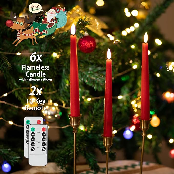 Red Flameless Taper Candles with 3D Wick, 9.6" Real Wax LED Candles with 2 Remote and Timer, 6 Pack Flickering Candlesticks Battery Operated, Classic Taper Candle for Home, Wedding, Party