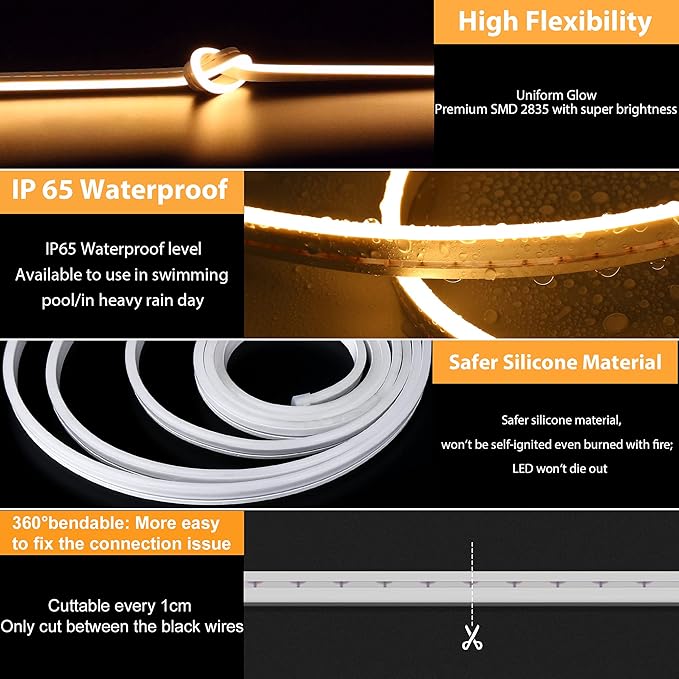 Lamomo LED Neon Rope Lights, 16.4ft/5m Warm White Light Strip 0.39in/Cut, 12V Flexible Waterproof Silicone Neon Sign for Kitchen Bedroom Indoor Outdoor Decoration（Power Adapter not Included）