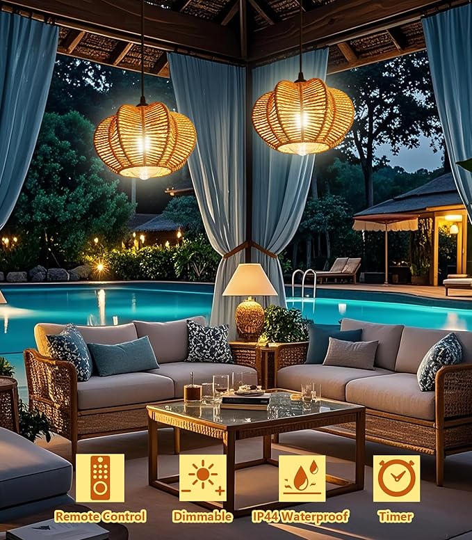 Battery Operated Chandelier Outdoor Waterproof, Gazebo Lights Battery Powered, Boho Rattan Hanging Pendant Light for Porch, Patio, Pergola, Garden, Balcony (2 Pack)