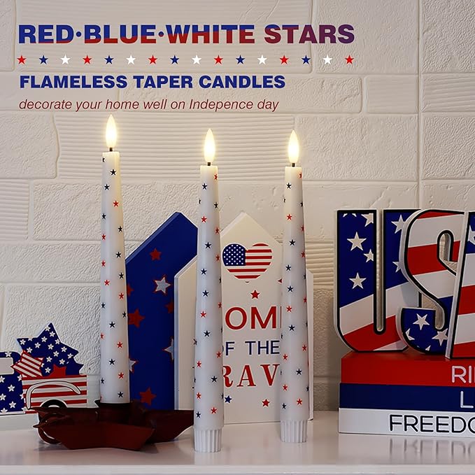 4th of July Candles, Flameless Taper Candles with Remote, 9.6" Red White and Blue Star Candles, Real Wax Flickering Independence Flameless Candles, Patriotic Candles, Battery Candles, Set of 3