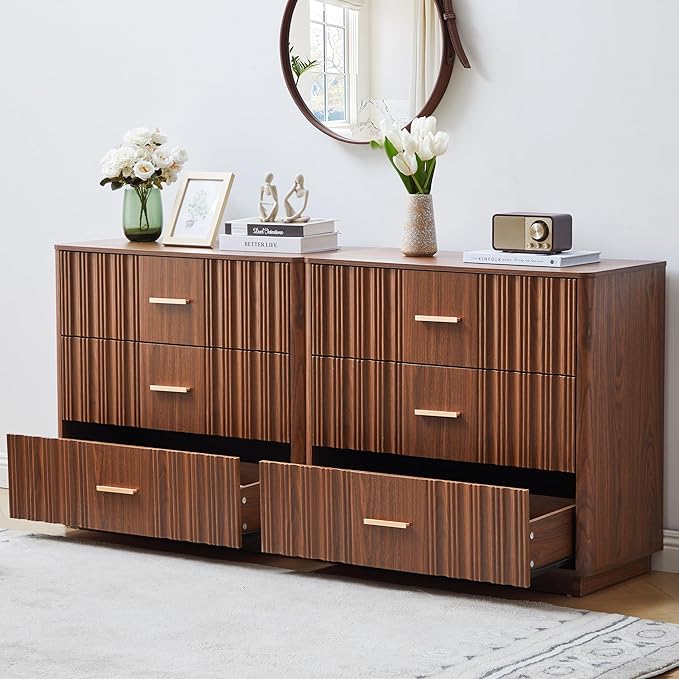 Fluted Dresser for Bedroom with 3 Drawers,31.5"Wide Modern Chest of Drawers with Metal Handle,Large Storage Dresser, Wood Closet Clothes Storage Organizer for Nursery Living Room Hallway,Walnut 2 Sets