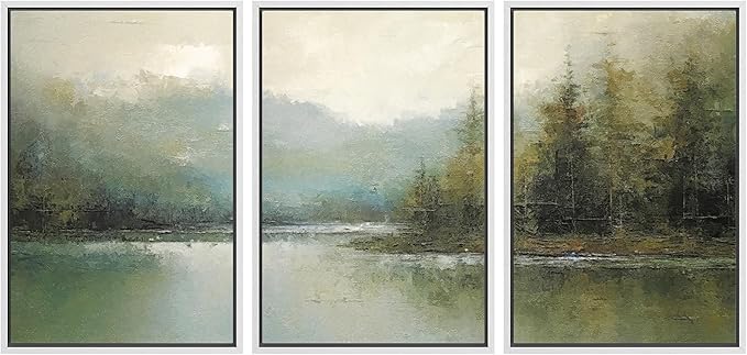 wall26 Framed Canvas Print Wall Art Set Emerald Green Pastel Pine Tree Forest Nature Wilderness Illustrations Modern Art Decorative Rustic Relax/Calm Colorful for Bedroom - 16"x24"x3 White