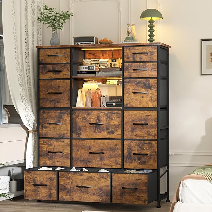 EnHomee 51" H Dresser with 15 Drawers Dresser for Bedroom with Charging Station & LED Lights & Hutch Sturdy Fabric Bedroom Dressers, Steel Frame, Wood Top, Rustic Brown, 51.2" H x 39.3" W x 11.8" D