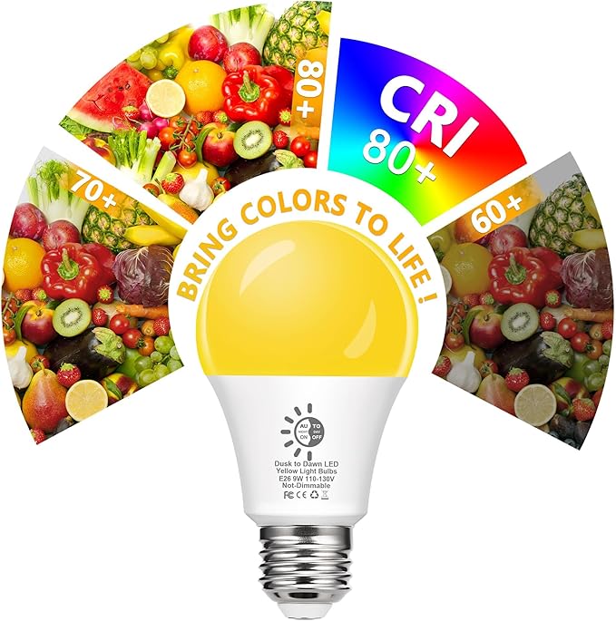 Flaspar Dusk to Dawn LED Yellow Bug Light Bulbs Outdoor 60W Equivalent, Amber Yellow Bug Light Bulb for Outside, Auto On/Off 9W 2000K A19 LED Bug Photocell Sensor Lights for Patio, Porch, 2 Pack