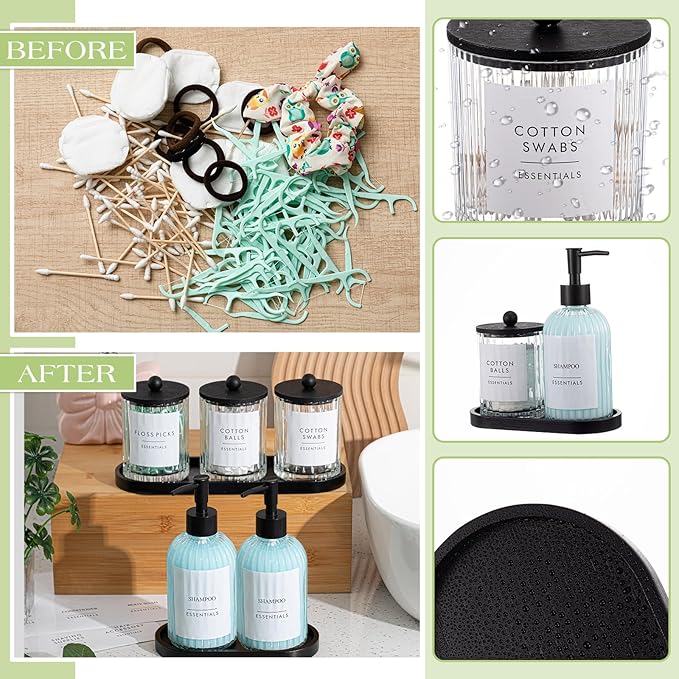 Yaomiao 5 Pack Bathroom Accessories Set, Modern Bathroom Decor Sets, Glass Liquid Soap Dispenser, Vanity Tray, Toothbrush Holder, Cotton Swab Jars with Lids for Sink Countertop(Clear,Striped)