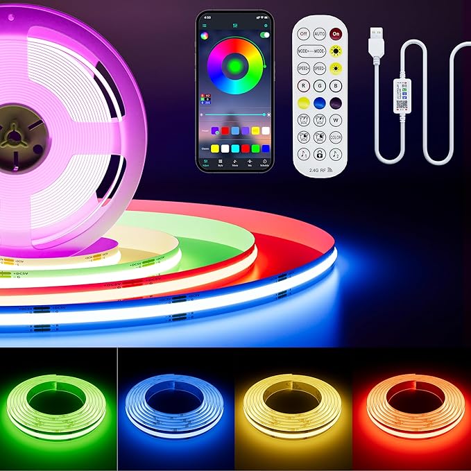 PAUTIX 5V USB COB RGB LED Strip Light 4.92ft/1.5m Color Changing Light Strips,TV Backlight Multicolor Flexible Under Cabinet Tape Lights with Bluetooth Control for Bedroom,Kitchen,Home DIY Lighting