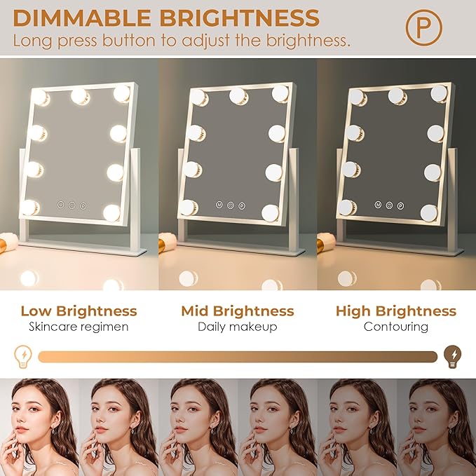 Vanity Mirror with Lights, Makeup Mirror with 3 Lighting Modes, Light Up Mirror with Touch Sensor, AC-Powered, 360 Rotatable, Metal Frame, with Detachable 10X Magnifying Spot Mirro, 14.1"