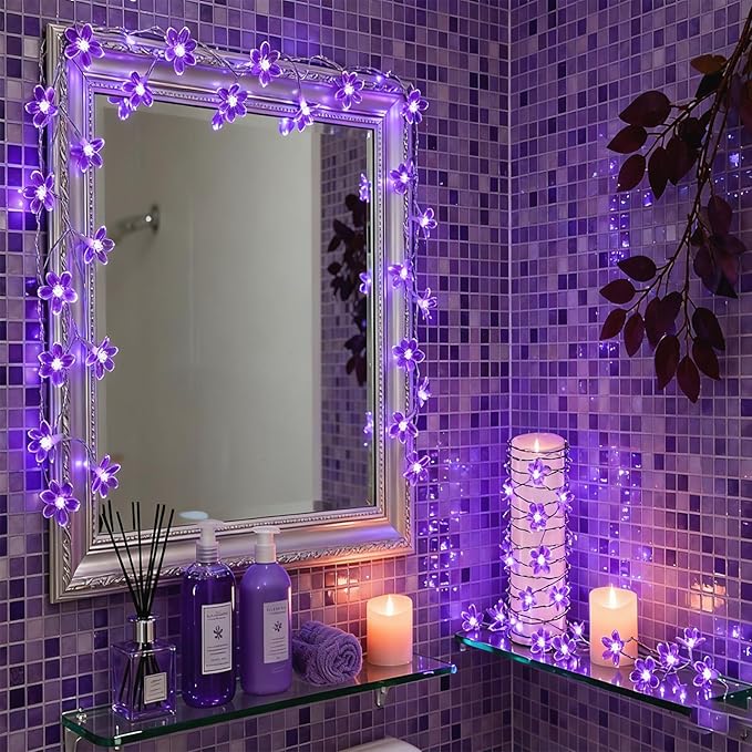 Decorative Flower String Lights, 33ft 100 LED Clear Wire Plug in Fairy Lavender Cherry Blossom Easter Christmas Hanging Decorations, Violiet Wedding Party Indoor Outdoor Decorations (Purple)