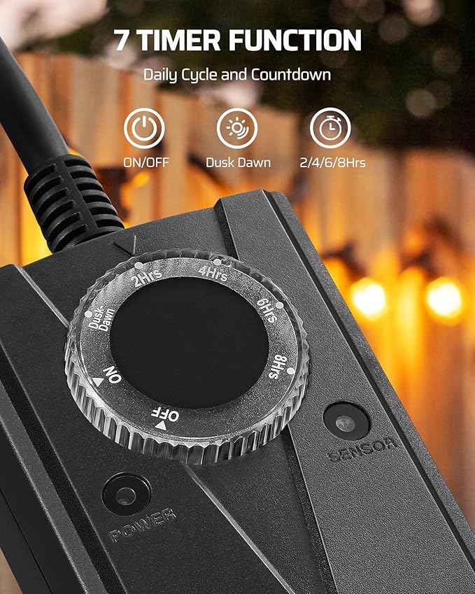 DEWENWILS Light Timer Outdoor Weatherproof, Outdoor Timer for Light, Heavy Duty 2-Prong Grounded Outlet, Dusk to Dawn and 2/4/6/8 Countdown for String Light, UL Listed