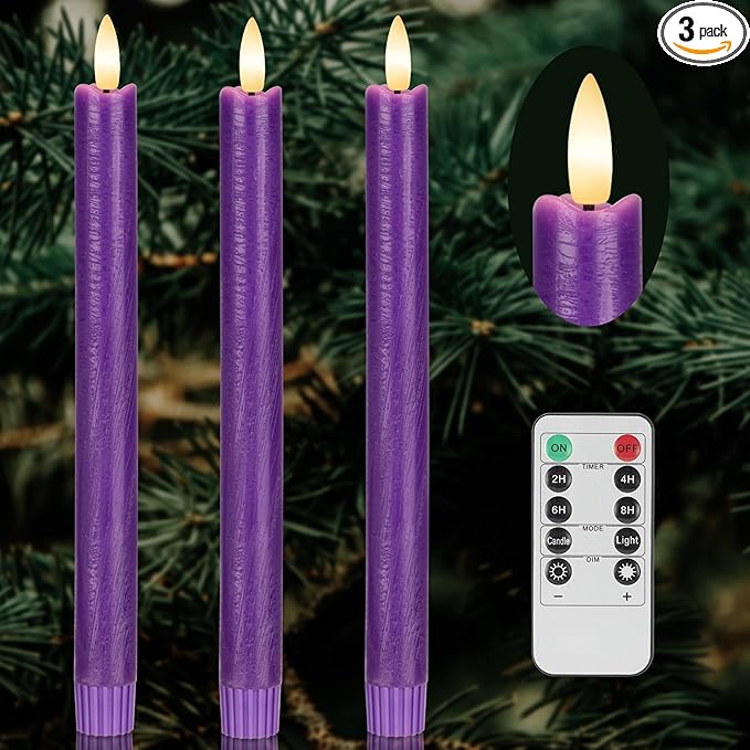 Purple Flameless Taper Candles with Remote, 3 Pack Real Wax Battery Operated Candles, 9.6 Inch Flickering Led Christmas Candlesticks Decorations for Winter Home Holiday Xmas Gift
