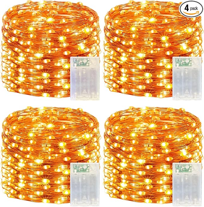 4 Pack 240LED Halloween Fairy Lights Battery Operated - 20FT Twinkle Lights with 2 Lighting Modes Indoor Outdoor, Waterproof Led Fairy String Lights for Christmas, Bedroom, Dorm, DIY Decor, Orange
