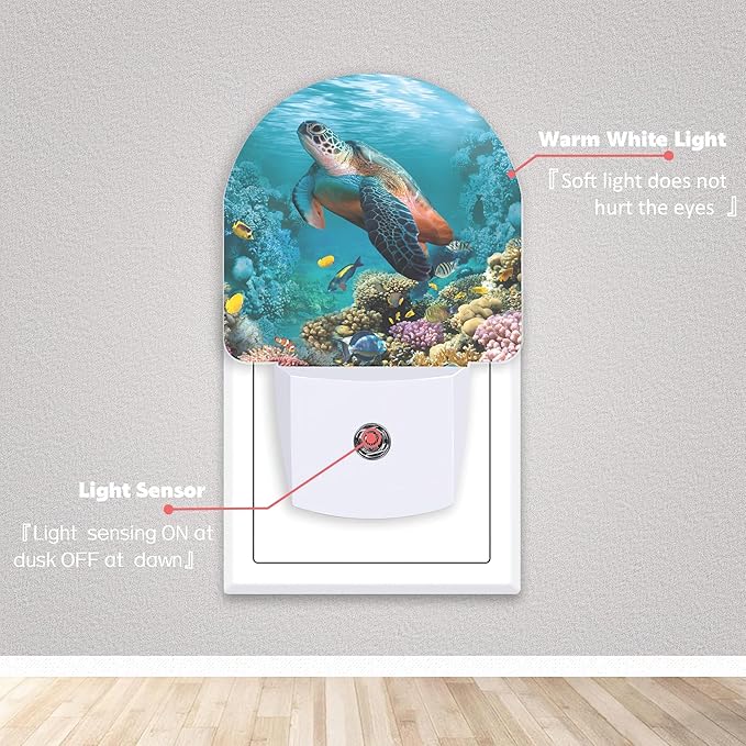 Underwater World Turtle Coral Night Lights Plug into Wall for Girls Boys Room,Night Light LED Lamp Dusk to Dawn Sensor Round Lamp for Bedroom Bathroom Hallway Home Wall Decor