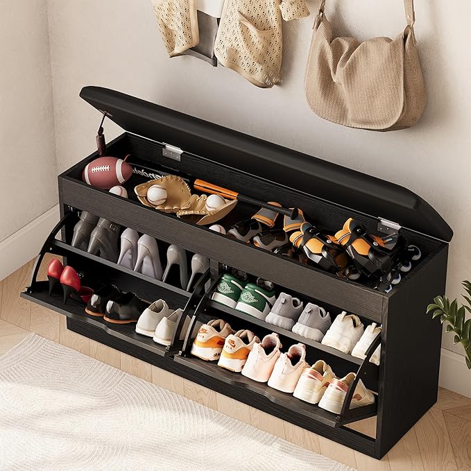 40" Shoe Storage Bench with 2 Flip Drawers & Padded Seat Cushion, Shoe Cabinet with Lift Top Storage Box, Shoe Bench Shoe Organizer for Entryway, Hallway, Living Room, Black