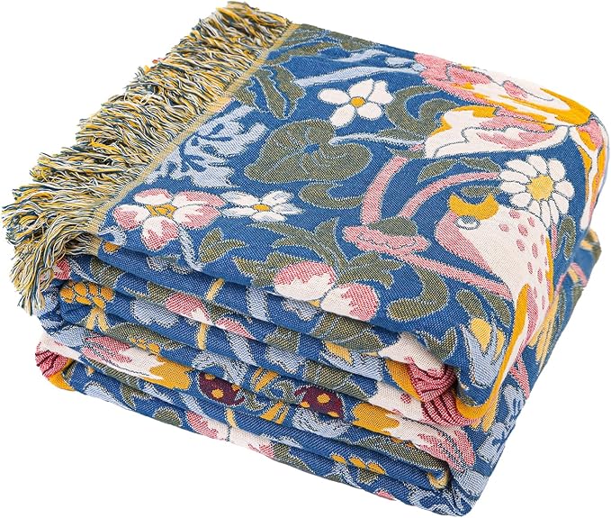 Queen Size Throw Blanket for Bed 100% Cotton Boho Oversized Soft Cozy Muslin Quilt Blanket Double Bird and Florals, Vintage Farmhouse Cottage Woven Blankets for Bedding Couch,80"×90"- Blue&Yellow