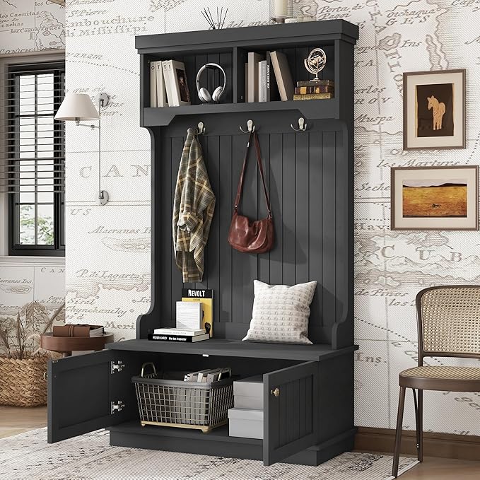 Modern Hall Tree with Storage Shoe Bench, 4-in-1 Design Coat Racks with Shoe Bench and Hooks, Multifunctional Hall Tree for Living Room, Entryway and Hallway (Black/44f)
