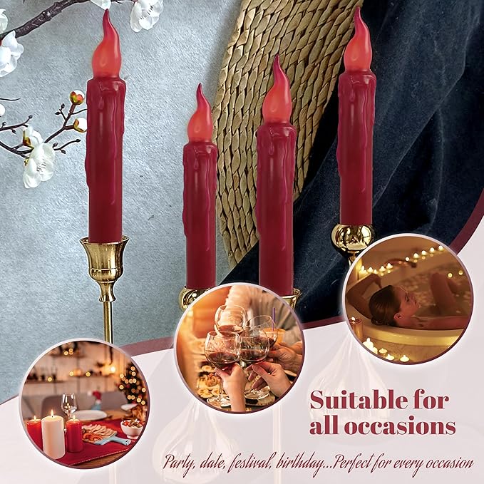 Burgundy Flameless Short Taper Candles, Real Wax Hand Dipped Dark Red LED Battery Operated with Remote, Flickering Flame Lights for Festival Home Décor, 6.7 Inch Primitive Flameless Candles, 4PCS