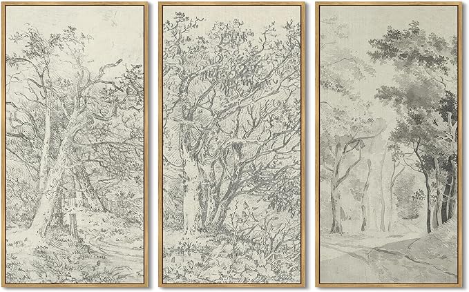 KUVIOKE Vintage Sketch Trees Drawings Farmhouse Wall Art for Living Room Bedroom Ready to Hang 8x16in3pcs Natural Framed
