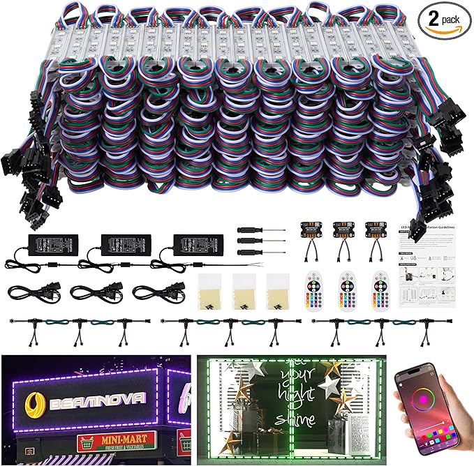 BEAMNOVA 120FT RGB LED Strip Lights Kit, Dual Parallel Controllers, 3 Power Injection Cables, 180W Power Supply, IP65 Waterproof Commercial LED Storefront Window Lighting with Remote & App