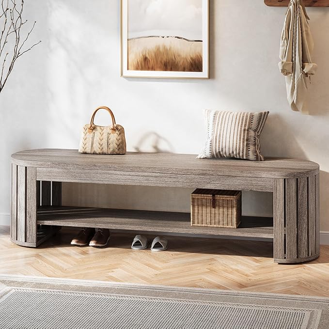 Tribesigns 63" Wooden Entryway Bench with Shoe Storage, Long 2-Tier Narrow Shoe Bench with Arc Vertical Slat Splicing Legs, End of Bed Stool for Bedroom, Entrance, Living Room (Beige Gray)
