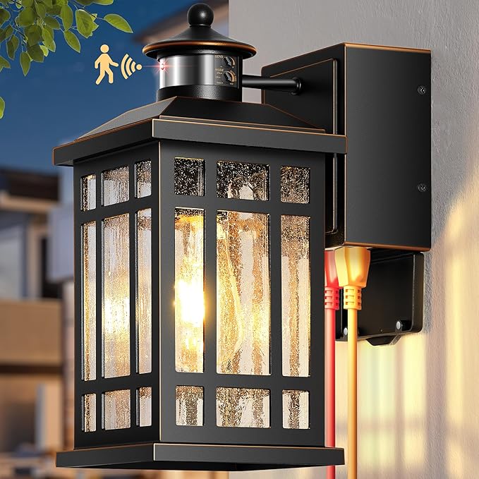 Outdoor Wall Lighting with GFCI Outlet, Modern Black Exterior Light Fixtures with Gold Trim, Aluminum Anti-Rust Outside Lights for House, Porch, Garage, Adjustable Sensitivity & Brightness